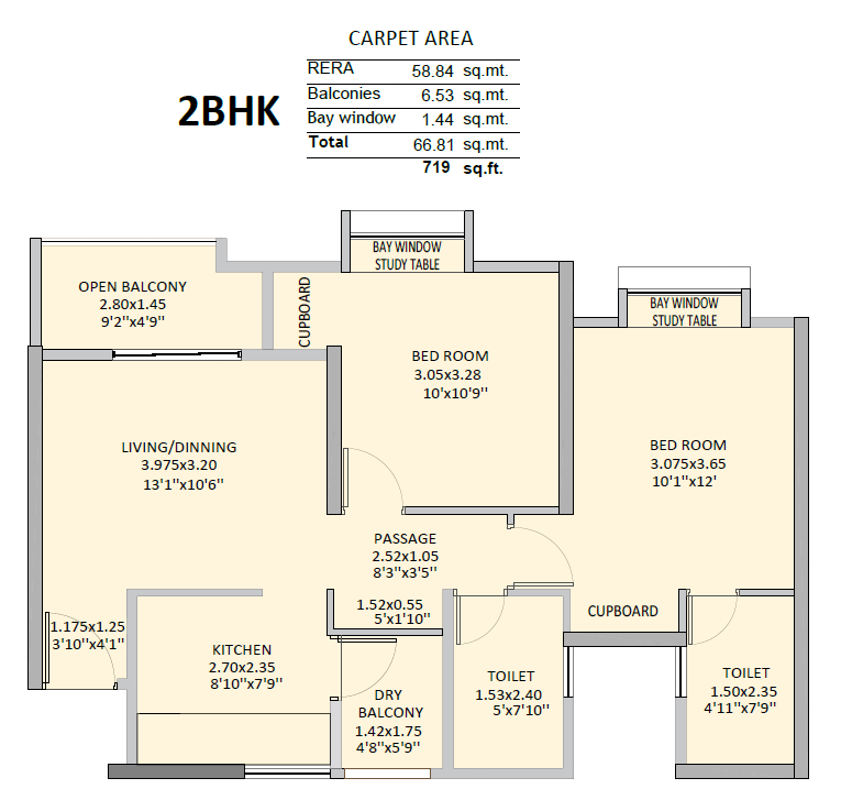 2 BHK floor plan, Tower NT4